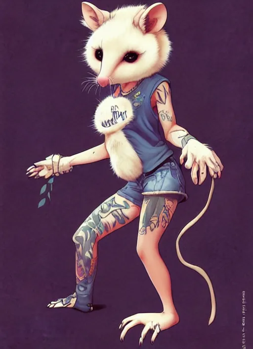 Prompt: character portrait of a female furry anthro opossum fursona wearing a tanktop and shorts with arm tattoos. Character design by charlie bowater, ross tran, artgerm, and makoto shinkai, detailed, inked, western comic book art