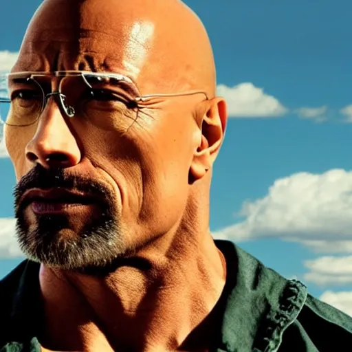 Image similar to Dwayne The Rock Johnson as Walter White in 'Breaking Bad' (2012), movie still frame, oscar nominated cinematography, volumetric lighting, 8k resolution, beautiful composition