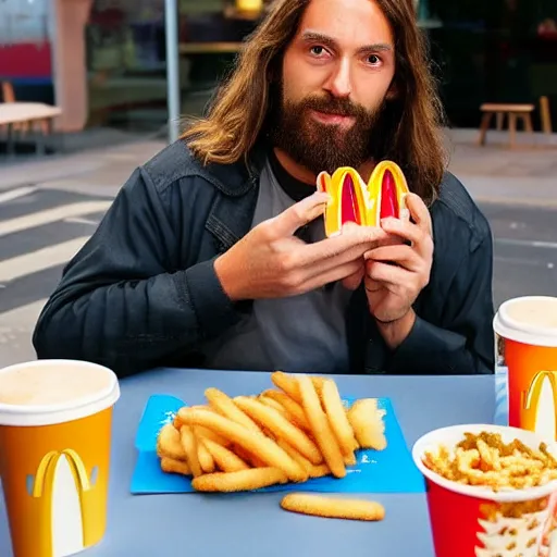 Image similar to jesus christ having his lunch break at mcdonalds, real photo
