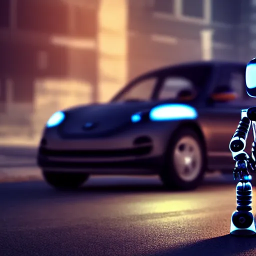 Prompt: a cute little robot at front of a car. super realistic 8 k render of a dark hooded powerful elegant, cinematic composition