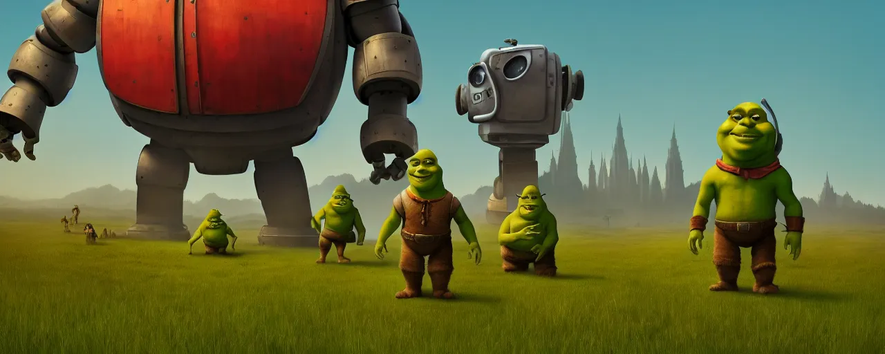 Image similar to Shrek in the middle of an open field, standing before a huge robot, highly detailed, digital art, in the style of Simon Stålenhag, trending on artstation, matte painting, accurate anatomy, elegant, concept art, sharp focus, 4k