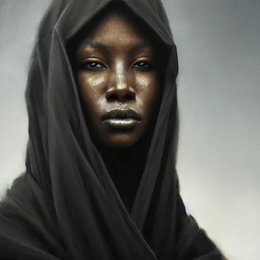 Image similar to a portrait of a young black woman wearing a long dark cloak, hood and shadows covering face, anatomically correct, beautiful perfect face, enigmatic, oil painting, matte painting, black background, Volumetric dynamic lighting, Highly Detailed, Cinematic Lighting, Unreal Engine, 8k, HD, by Beksinski