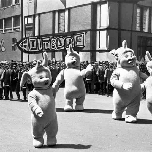 Image similar to teletubbies in a parade in nazi germany