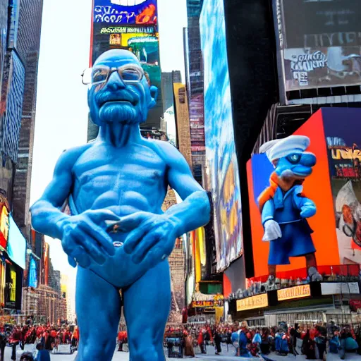 Image similar to a photograph of a very detailed renaissance sculpture of walter white as a smurf in times square, made by michelangelo, from the distance, hyper detailed, sharp focus, 8 k resolution, ray tracing