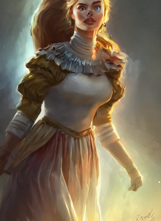 Prompt: beautiful female dorothy gale woman, margot robbie as dorothy, full body character concept, armor, super powers, fantasy, intricate, elegant, highly detailed, digital painting, artstation, concept art, shining, sharp focus, illustration, art by stanley lau