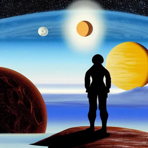 Image similar to Computer art. A beatiful illustration of a planet with two moons in the background. In the foreground, there is a woman wearing a spacesuit and holding a phaser. She is standing on a rocky surface, and there is a ship in the distance. by Terada Katsuya, by Bob Ross peaceful