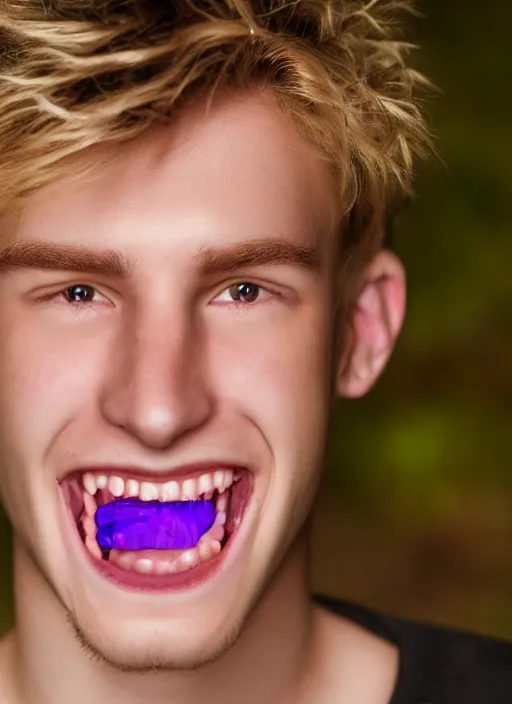 Image similar to blonde young guy with scary smile and completely purple catlike eyes