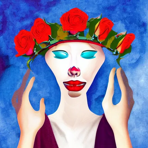 Image similar to a digital painting of a faceless woman wearing a crown made of mute color roses and a satin dress dada, surrealism, social realism, abstract expressionism, pop art, op art, minimalism