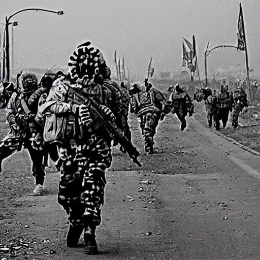 Image similar to invasion of Iraq by clowns historical image circa 2003, photo, still, photorealistic