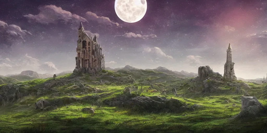 Image similar to The great intricate marble wizards tower, painted landscape, green fields in the background, moody lighting, moon in the night sky, sharp image, 4k, artstation, colorful digital art