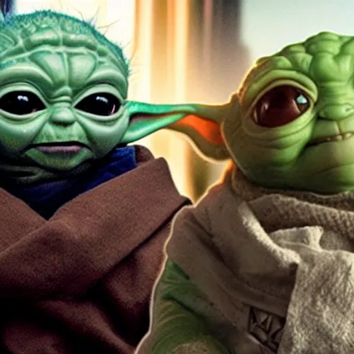 Image similar to neon movie still from mandalorian with angry baby yoda.