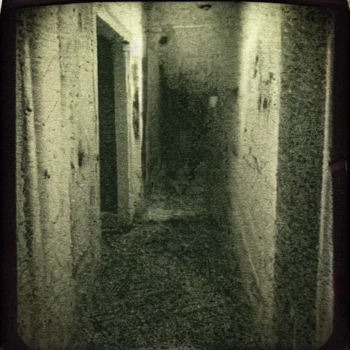 Prompt: a terrifying zombie at the end of a hallway, dark!, creepy, nightmare fuel!!!, fungus monster, horror, horrifying, unsettling, uncanny valley!, old polaroid, expired film,