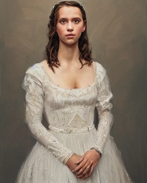 Image similar to a painting of a girl resembling alicia vikander or millie bobby brown in a wedding dress, highly detailed, intricate, artstation, concept art, by donato giancola