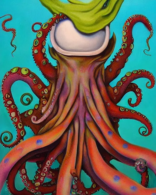 Prompt: Octopus goddess, a painting of a weird creature with a weird hat, a surrealist painting by Yoko d'Holbachie, trending on deviantart, pop surrealism, lowbrow, lovecraftian, whimsical