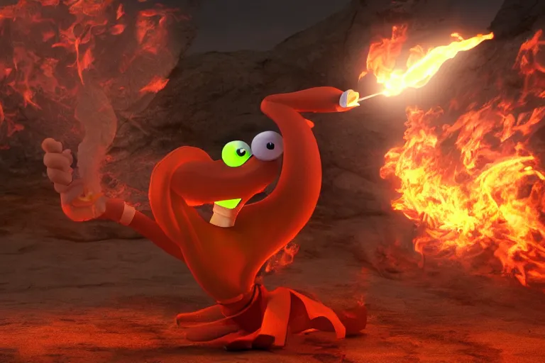 Image similar to squidward firebending outside at susnset, 3 d render