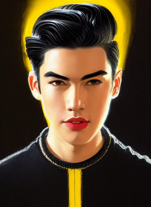 Image similar to portrait of young reggie mantle, mean smirk, egotistical, slicked back hair, striped yellow and black sweater, 1 9 5 0 s, intricate, elegant, glowing lights, highly detailed, digital painting, artstation, concept art, smooth, sharp focus, illustration, art by wlop, mars ravelo and greg rutkowski