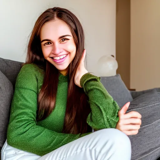 Image similar to a cute young woman smiling, long shiny bronze brown hair, full round face, green eyes, medium skin tone, light cute freckles, smiling softly, wearing casual clothing, relaxing on a modern couch, interior lighting, cozy living room background, medium shot, mid-shot, soft focus