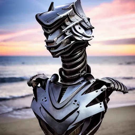 Image similar to chest up bust shot, realistic detailed stunning beautiful armored anthropomorphic humanoid robot female dragon, looking to the side with an elegant pose, smooth and streamlined armor and design made of steel, sharp claws and sharp teeth, high quality head, Slick LEDs, standing on two legs, on the beach during sunset, high quality, cinematic art, sci fi, sunset lighting, 3D render, 8k, artstation, deviantart, furaffinity