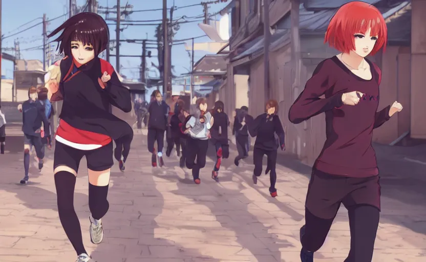 Prompt: anime style, gta 5, girl is running, red sport clothing, marathon, brown short hair, hair down, symmetrical facial features, from arknights, hyper realistic, rule of thirds, extreme detail, detailed 4 k drawing, safebooru, realistic lighting, by alphonse mucha, greg rutkowski, sharp focus, backlit