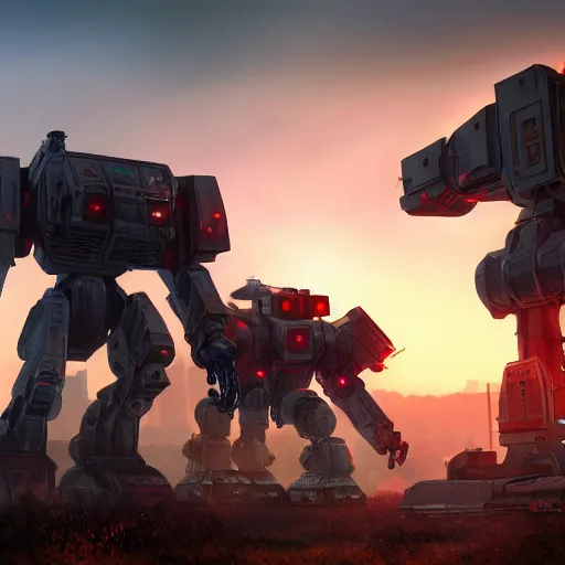 Prompt: Urbanmech defending city at sunset, battletech, mechwarrior, hyperrealistic, photorealistic, ultra hd, rendered in Unreal engine, artstation, digital illustration, highly detailed, intricate, award-winning, 4k, beautiful colors, cinematic lighting