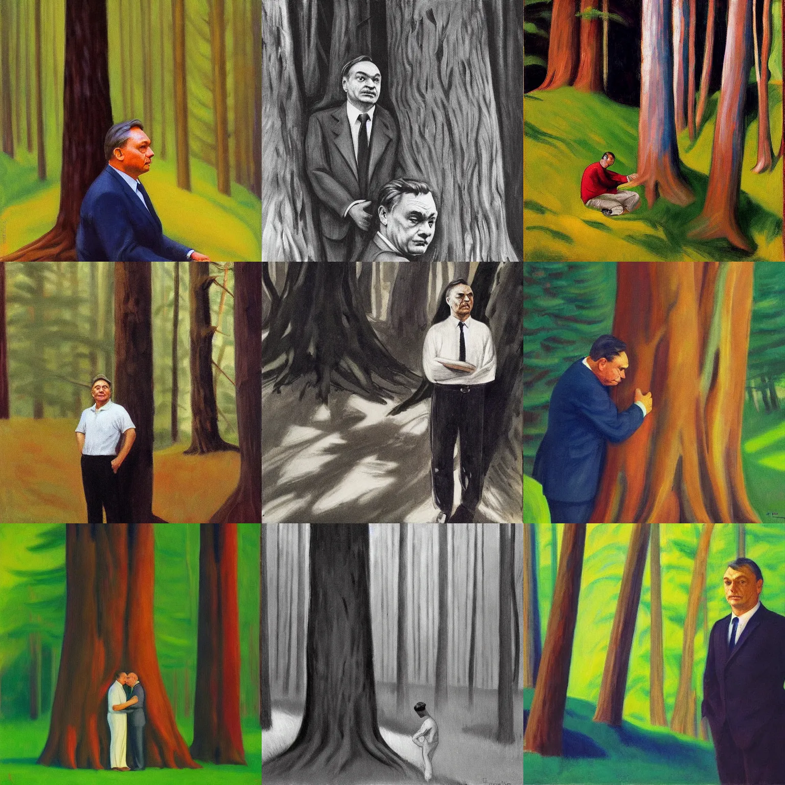 Prompt: viktor orban in a forest, hugging a tree, highly detailed face, by edward hopper