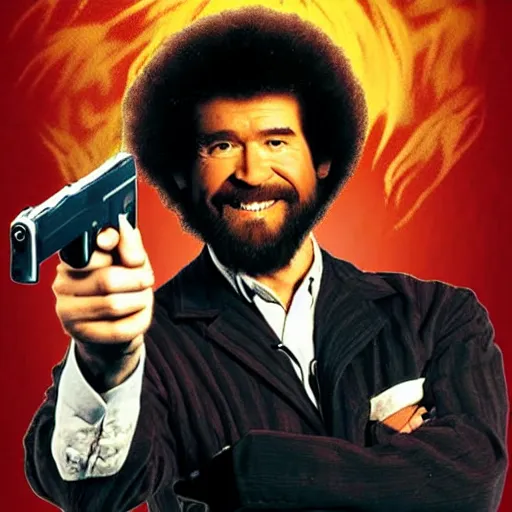 Prompt: Bob Ross as an action movie poster, dual wielding high-caliber pistols