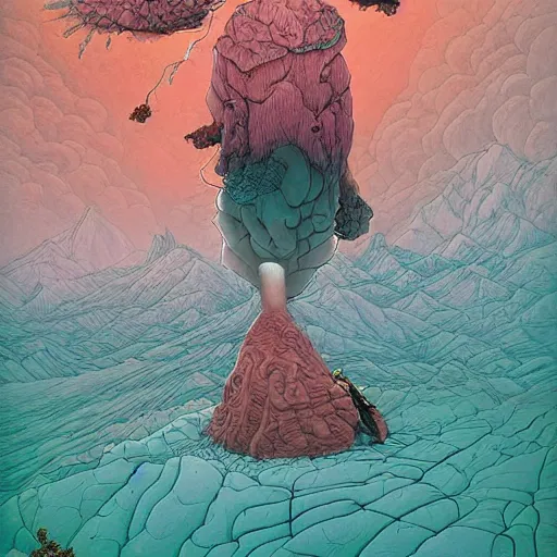 Image similar to woman having stomach ache, in mountain. sending pain into portals, electro magnetic storm over mountain desert. by josan gonzales, highly detailed, vivid color, beksinski painting, junji ito, aleksandra waliszewska, part by genieve figgis, part by norman rockwell