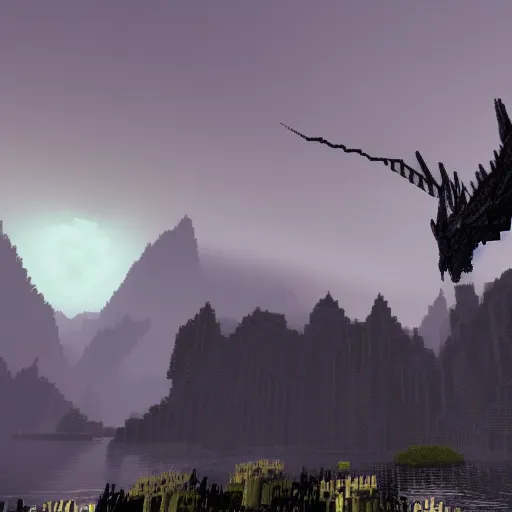 Prompt: Film still of the Minecraft Ender Dragon, from The Elder Scrolls V: Skyrim (2011 video game)