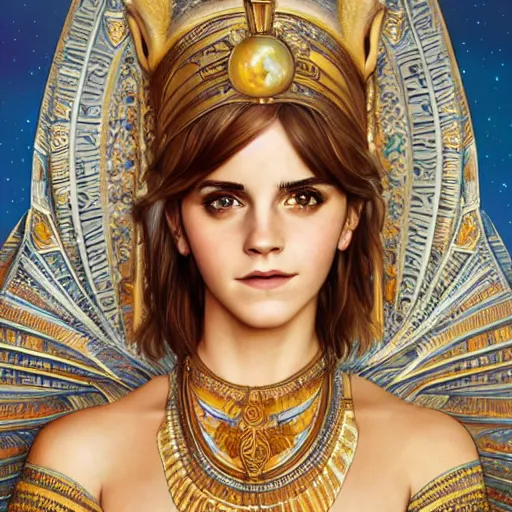 Prompt: Emma Watson as an Egyptian Goddess, cute, fantasy, intricate, elegant, highly detailed, digital painting, 4k, HDR, concept art, smooth, sharp focus, illustration, art by artgerm and H R Giger and alphonse mucha