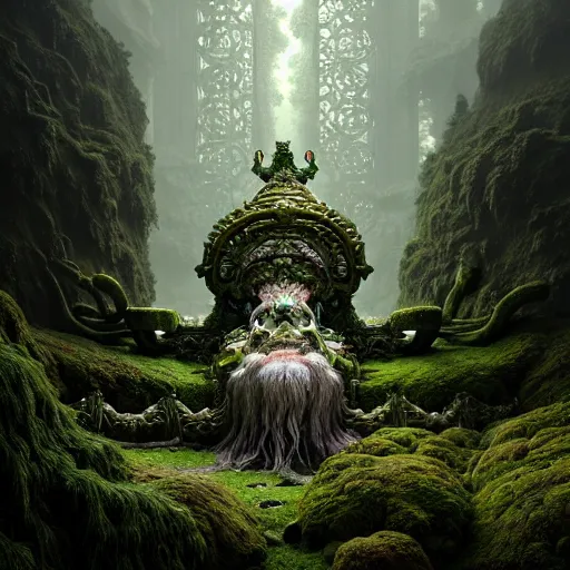 Image similar to ancient fallen god, lush trunda vegetation, snow :: by Michal Karcz, Daniel Merriam, Victo Ngai and Guillermo del toro :: ornate, dynamic, particulate, intricate, elegant, highly detailed, centered, artstation, smooth, sharp focus, octane render, 3d