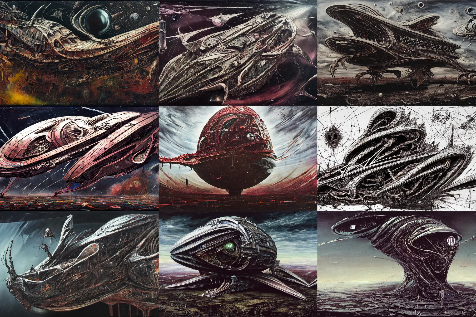 Prompt: with the style of by francis bacon and beksinsky. organic spaceship, highly detailed, horror, dark art, intrincate, highly detailed, wide angle, intricate complexity, trending on artstation. painted by francis bacon and beksinsky