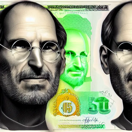 Image similar to banknote commemorating steve jobs, artstation.