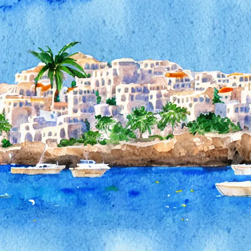 Prompt: watercolor illustration of a greek-inspired tropical island with a coastal port city, white and blue watercolors