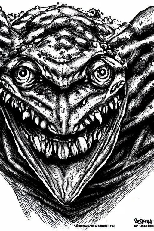 Image similar to frog goblin, symmetrical, goblin, highly detailed, digital art, sharp focus, trending on art station, kentaro miura manga art style