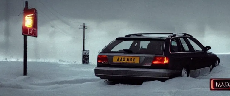 Image similar to Audi A4 B6 Avant (2002), a gritty neo-noir, dramatic lighting, cinematic, eerie person, death, homicide, homicide in the snow, gunshots, establishing shot, extremely high detail, photorealistic, cinematic lighting, artstation, by simon stalenhag, Max Payne (PC) (2001) winter New York at night, In the style of Max Payne 1 graphic novel, flashing lights, Poets of the Fall - Late Goodbye