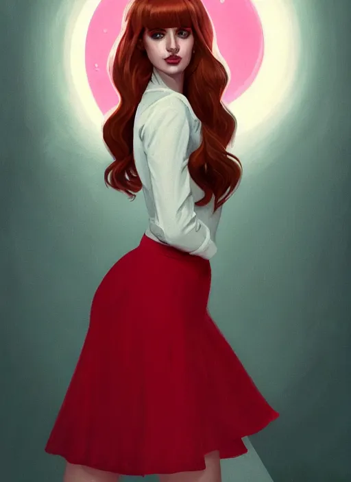 Image similar to full body portrait of teenage cheryl blossom, bangs, green eyes, sultry expression, red hair, sultry smirk, bangs and wavy hair, pink skirt, chubby, intricate, elegant, glowing lights, highly detailed, digital painting, artstation, concept art, smooth, sharp focus, illustration, art by wlop, mars ravelo and greg rutkowski