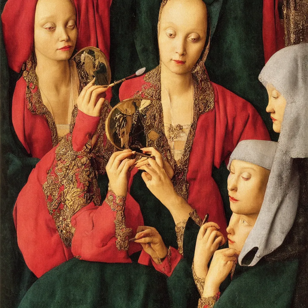 Image similar to close up of a woman putting on garish make - up. mirror, moth. jan van eyck