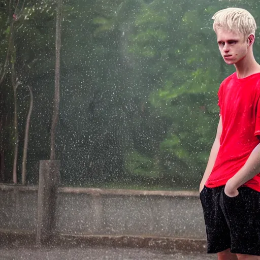 Image similar to sweaty young blond man wearing a soaked red shirt, his hair is wet and messed up, he is sad and lonely