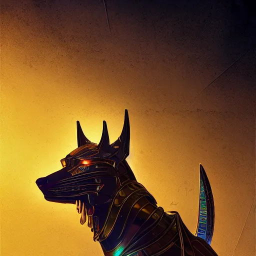 Image similar to cybernetic anubis egyptian wolf made of steel and gold in light armor, by ian pesty and alena aenami and makoto shinkai, concept art, matte painting, washed colors,