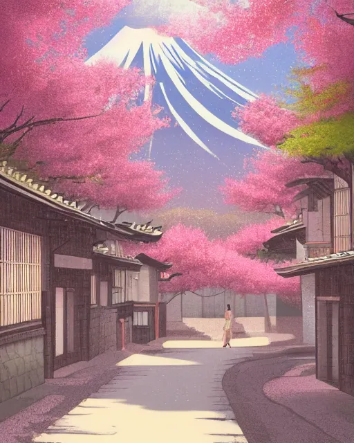 Prompt: artdeco illustration of a street in a quiet japanese village, sakura season, fuji in background. pastel colours. beautiful. artstation, deviantart, pinterest, 5 0 0 px models