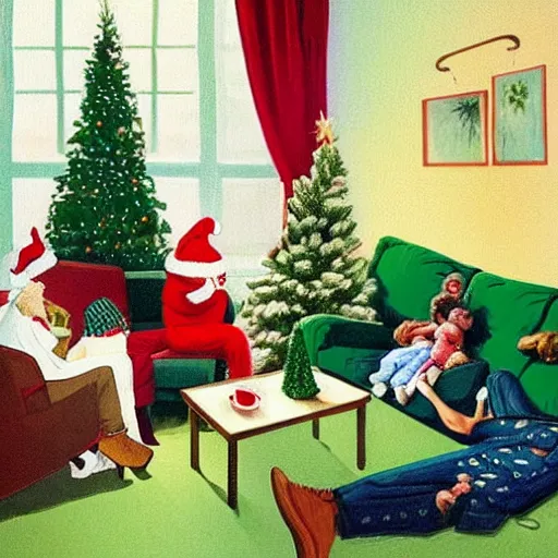 Prompt: “a happy Christmas card of a cosy warm family, a mother and happy children lovingly sitting together, a green Christmas tree and a fire burning. A man passed out on the sofa overdosing on ketamine. In the style of hopper”