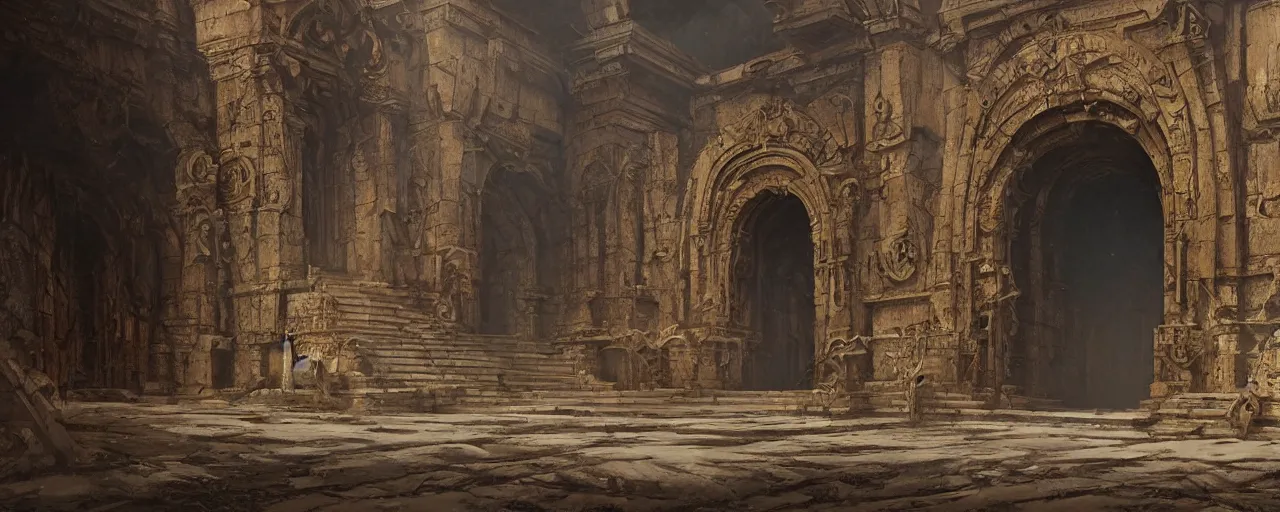 Prompt: A distant and wide angle view of a carved ornate open doorway into eternity found amongst the realms of a forgotten civilization, light iluminating, Concept art, Art by Greg Rutkowski and Noah Bradley, Brian Despain, Shaun Tan, digital art, mysterious, otherworldly