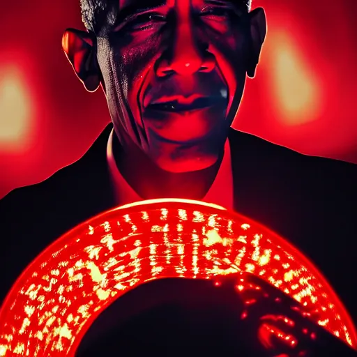 Image similar to Obama red flashlight glowing eyes, flames are burning behind Obama, 40nm lens, 4k,