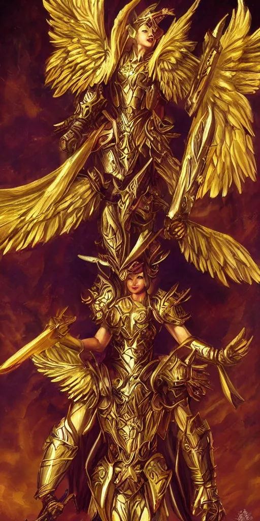 Image similar to fantasy angel warrior in armor with bright gold wings, epic flying pose, art, paint, fine details