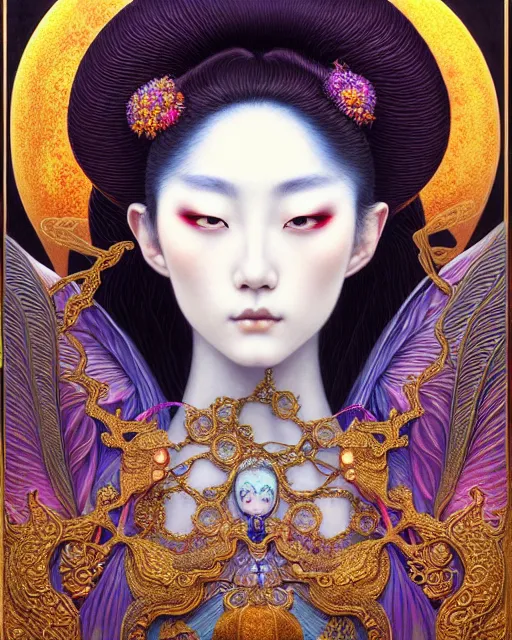 Image similar to portrait of a beautiful moon goddess, unusual beauty, esoteric, outher worldly colours, head in focus, fantasy art, ornamental aesthetics,, intricate, elegant, highly detailed, hyperrealistic painting, artstation, concept art, painterly, golden ratio, sharp focus, illustration, art by chie yoshii