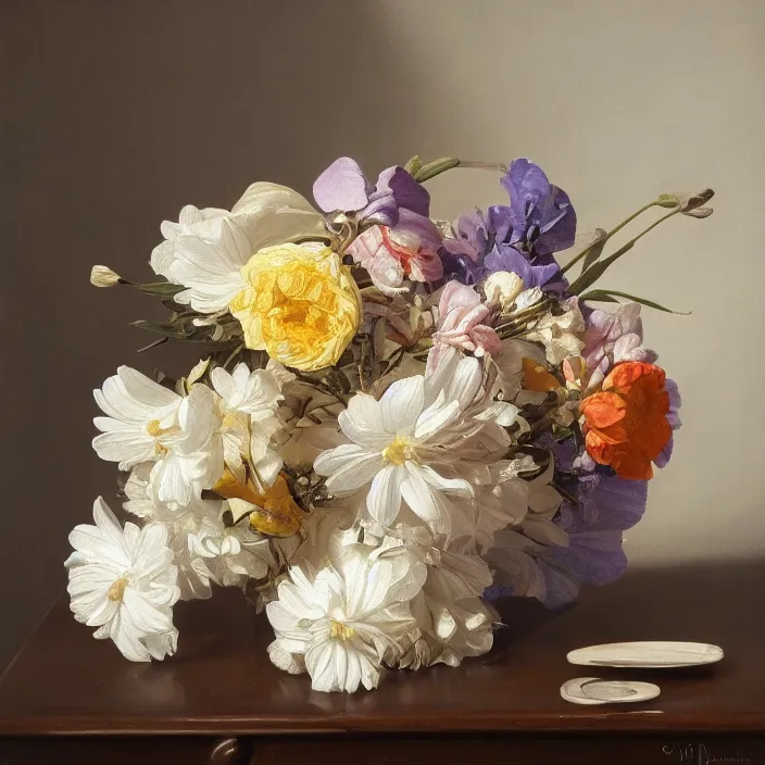 Prompt: still life painting of a beautiful bouquet of flowers by pieter claesz, oil on canvas, strong lighting, highly detailed, hyper realism, golden hour, god rays, hd, 4 k