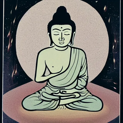 Prompt: Buddha meditating over the suffering of the Universe.