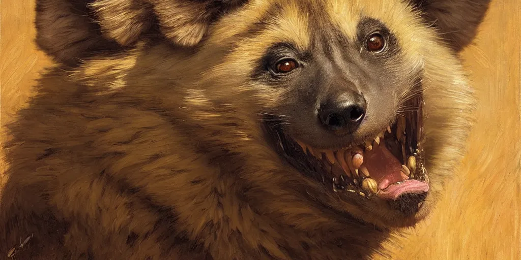 Prompt: a portrait of a hyenaman smiling looking at the viewer. highly detailed painting by gaston bussiere, craig mullins, j. c. leyendecker 8 k