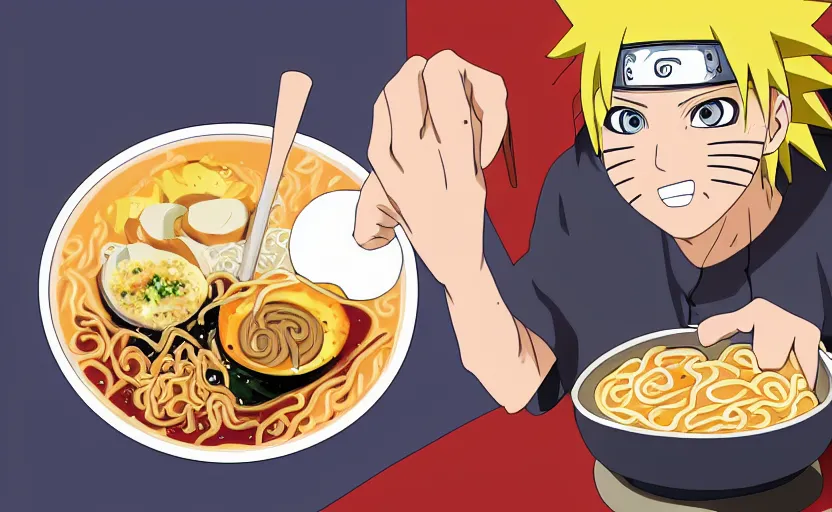 Image similar to Naruto eating a bowl of Ramen after a long day of training, digital art, 4k, anime wallpaper