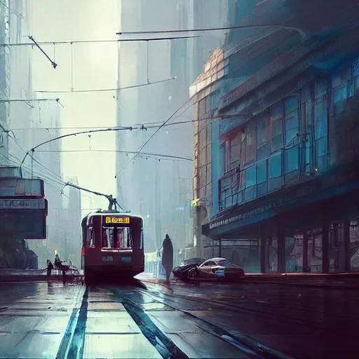 Image similar to a retro futuristic tram driving trough futuristic zurich, long shot, lumnious, magical, atmospheric, urban concept art, backlighting, by greg rutkowski *, martin mottet, maya takamura, and william turner